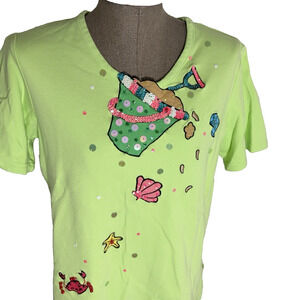 Quacker Factory Beach T-Shirt Women's Size Small Green Seashells Pail sequins